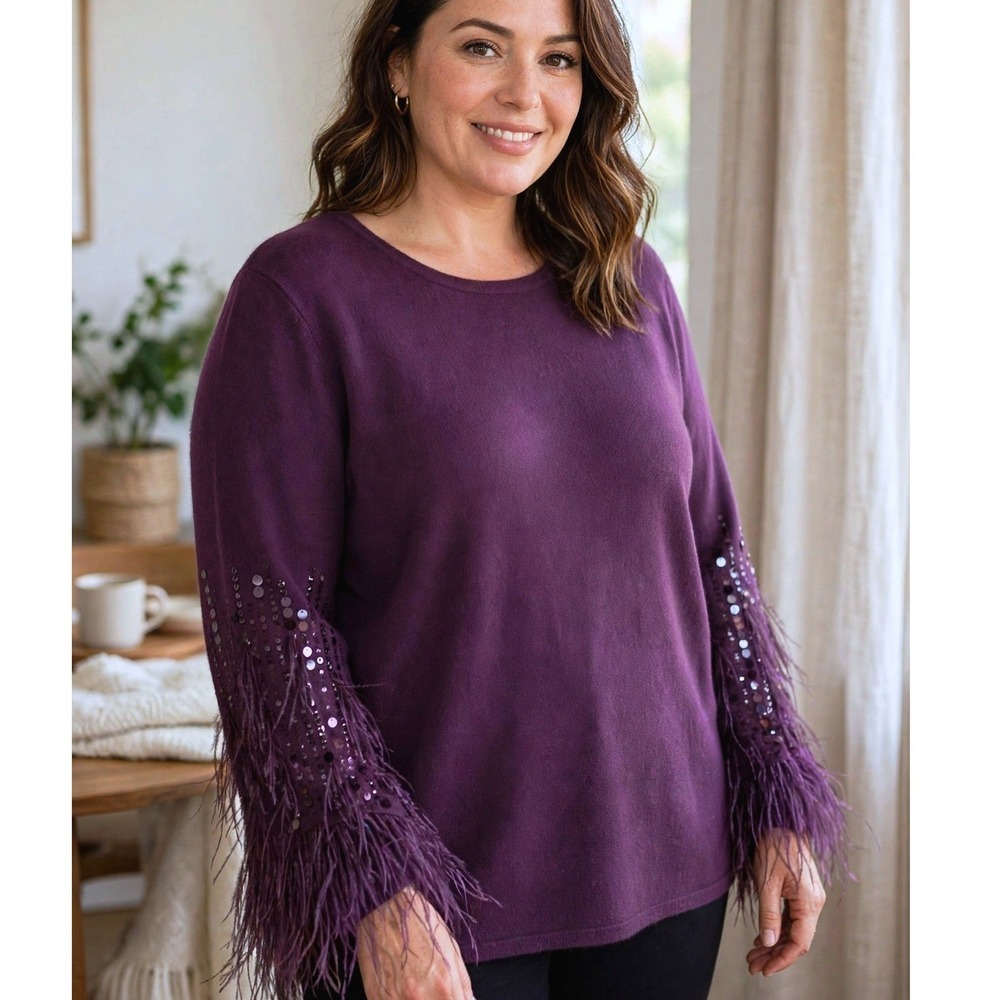 CHICO'S Feather Sequin Pullover Sweater XL Cashmere Blend Plum Statement Top